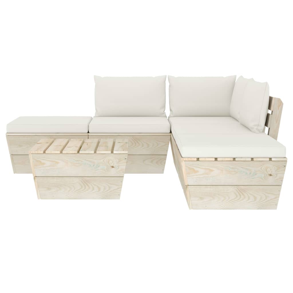 6-Delige Loungeset Met Kussens Pallet Vurenhout 1 Crème hoek + 2x midden + Tafel + 2x voetensteun