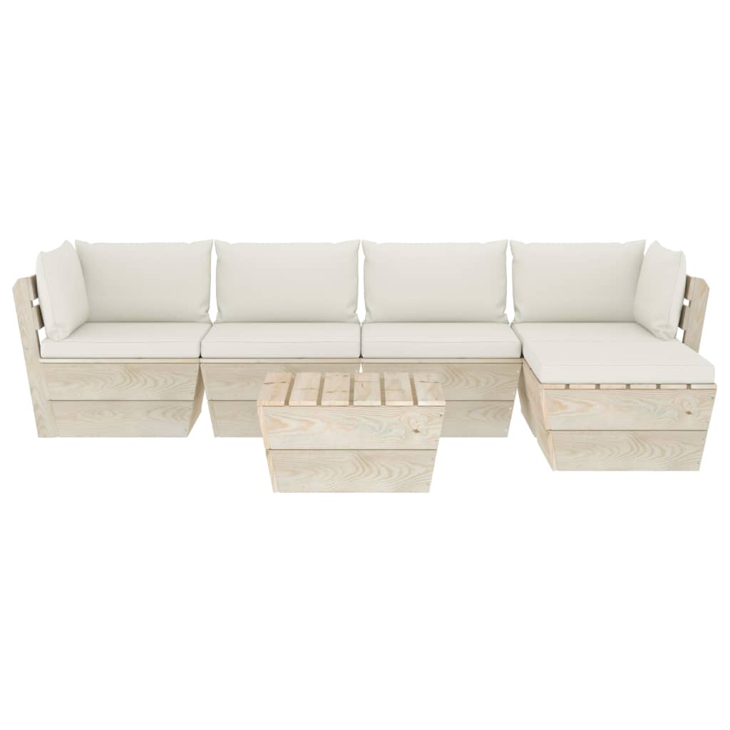 6-Delige Loungeset Met Kussens Pallet Vurenhout 1 Crème 2x hoek + 2x midden + Tafel + voetensteun