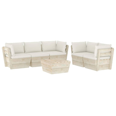 6-Delige Loungeset Met Kussens Pallet Vurenhout 1 Crème 4x hoek + midden + Tafel