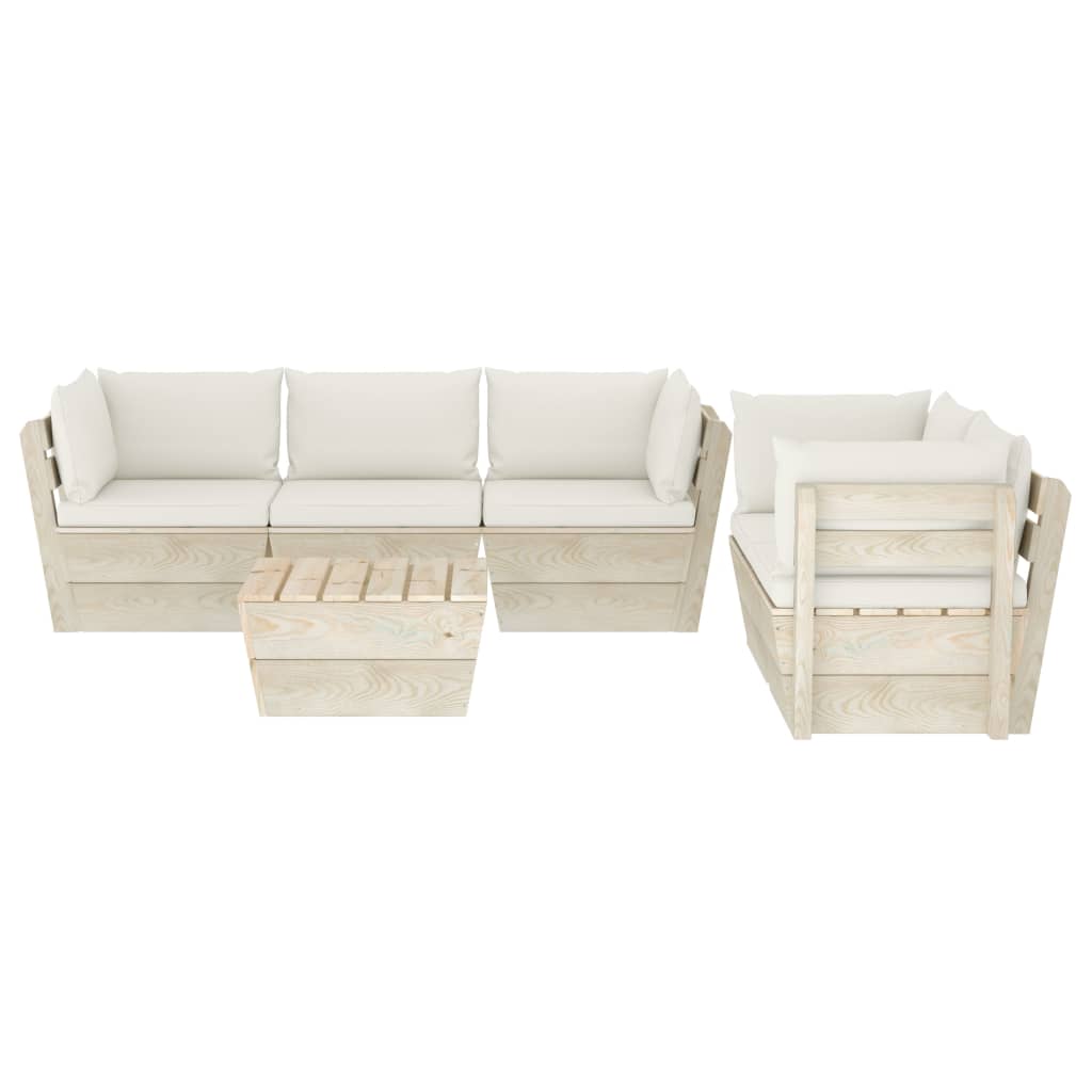 6-Delige Loungeset Met Kussens Pallet Vurenhout 1 Crème 4x hoek + midden + Tafel