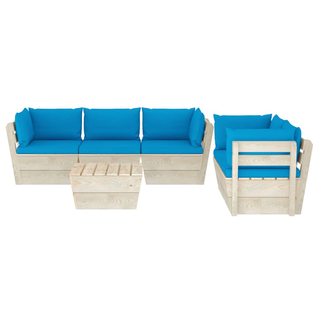 6-Delige Loungeset Met Kussens Pallet Vurenhout 1 lichtblauw 4x hoek + midden + Tafel