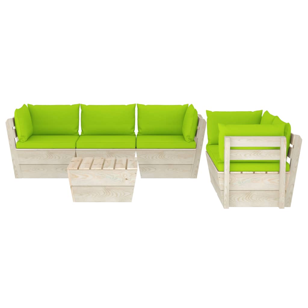 6-Delige Loungeset Met Kussens Pallet Vurenhout 1 Heldergroen 4x hoek + midden + Tafel