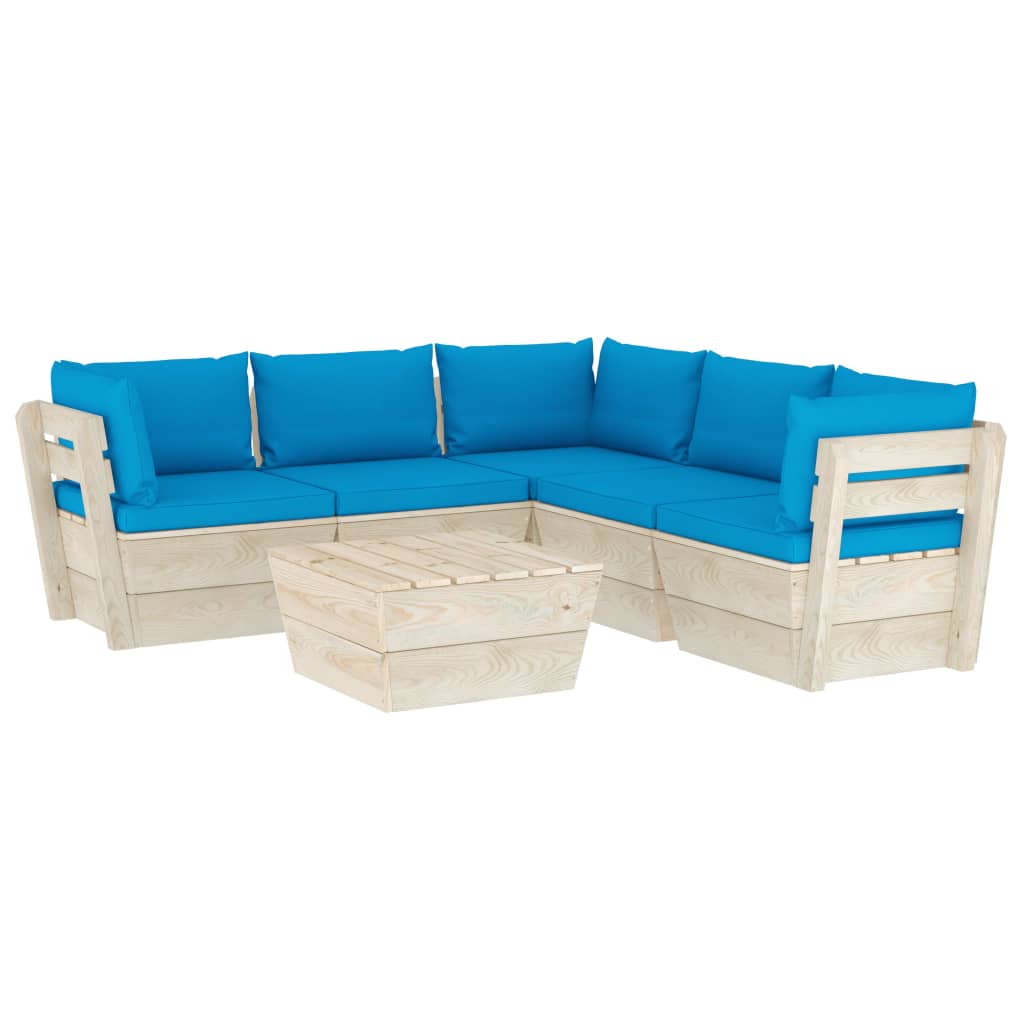 6-Delige Loungeset Met Kussens Pallet Vurenhout 1 lichtblauw 3x hoek + 2x midden + Tafel