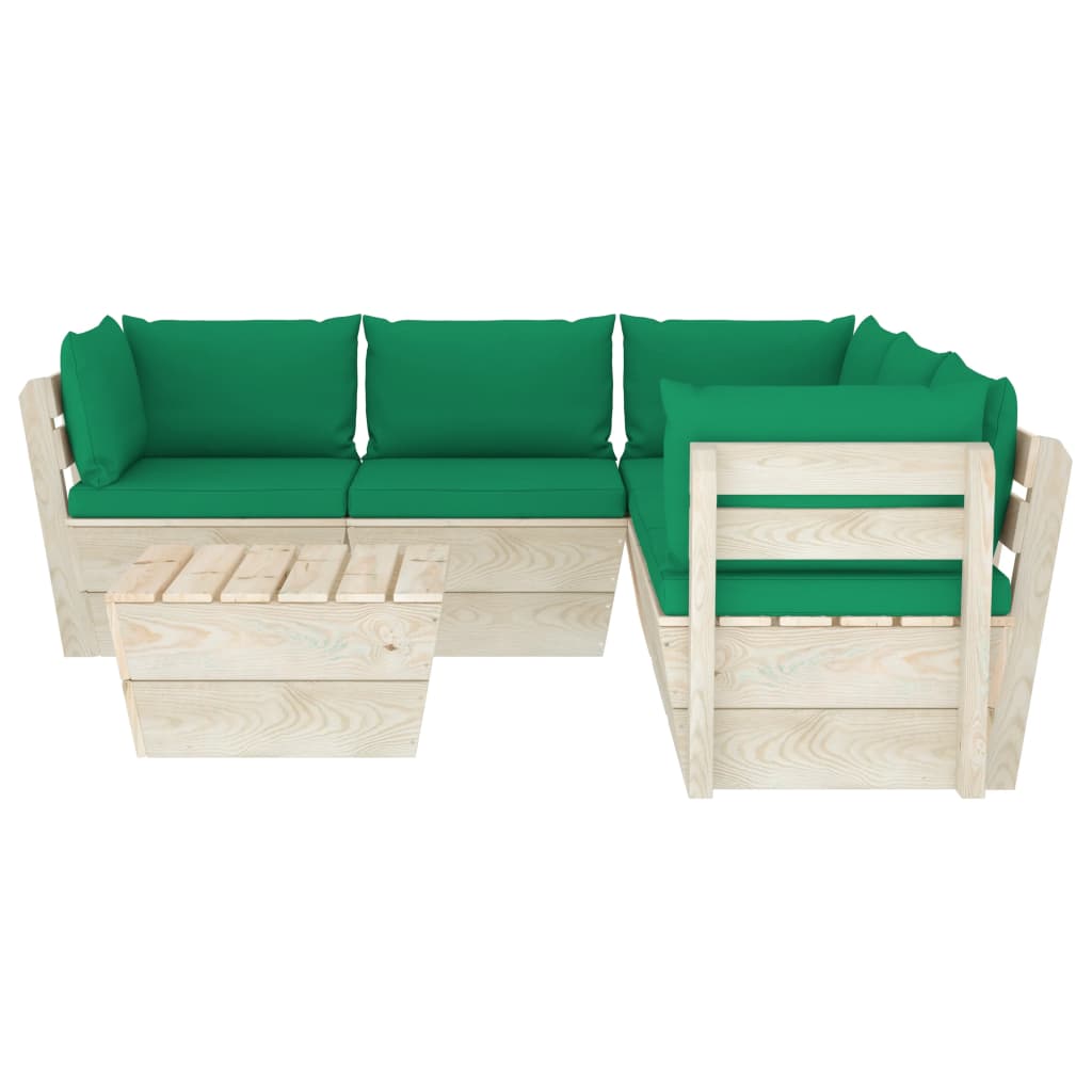 6-Delige Loungeset Met Kussens Pallet Vurenhout 1 Groen 3x hoek + 2x midden + Tafel