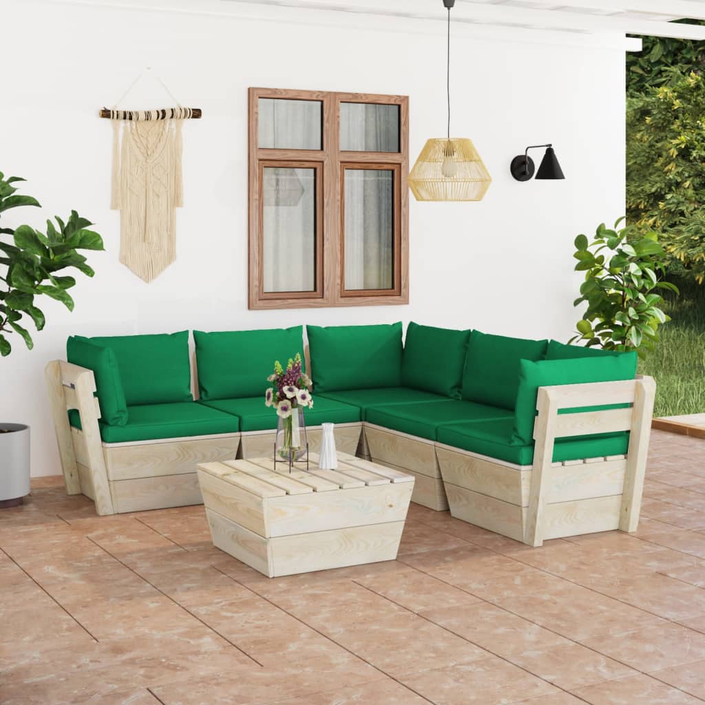 6-Delige Loungeset Met Kussens Pallet Vurenhout 1 Groen 3x hoek + 2x midden + Tafel