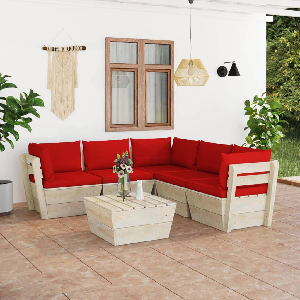 6-Delige Loungeset Met Kussens Pallet Vurenhout 1 Rood 3x hoek + 2x midden + Tafel