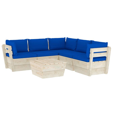 6-Delige Loungeset Met Kussens Pallet Vurenhout 1 Blauw 3x hoek + 2x midden + Tafel