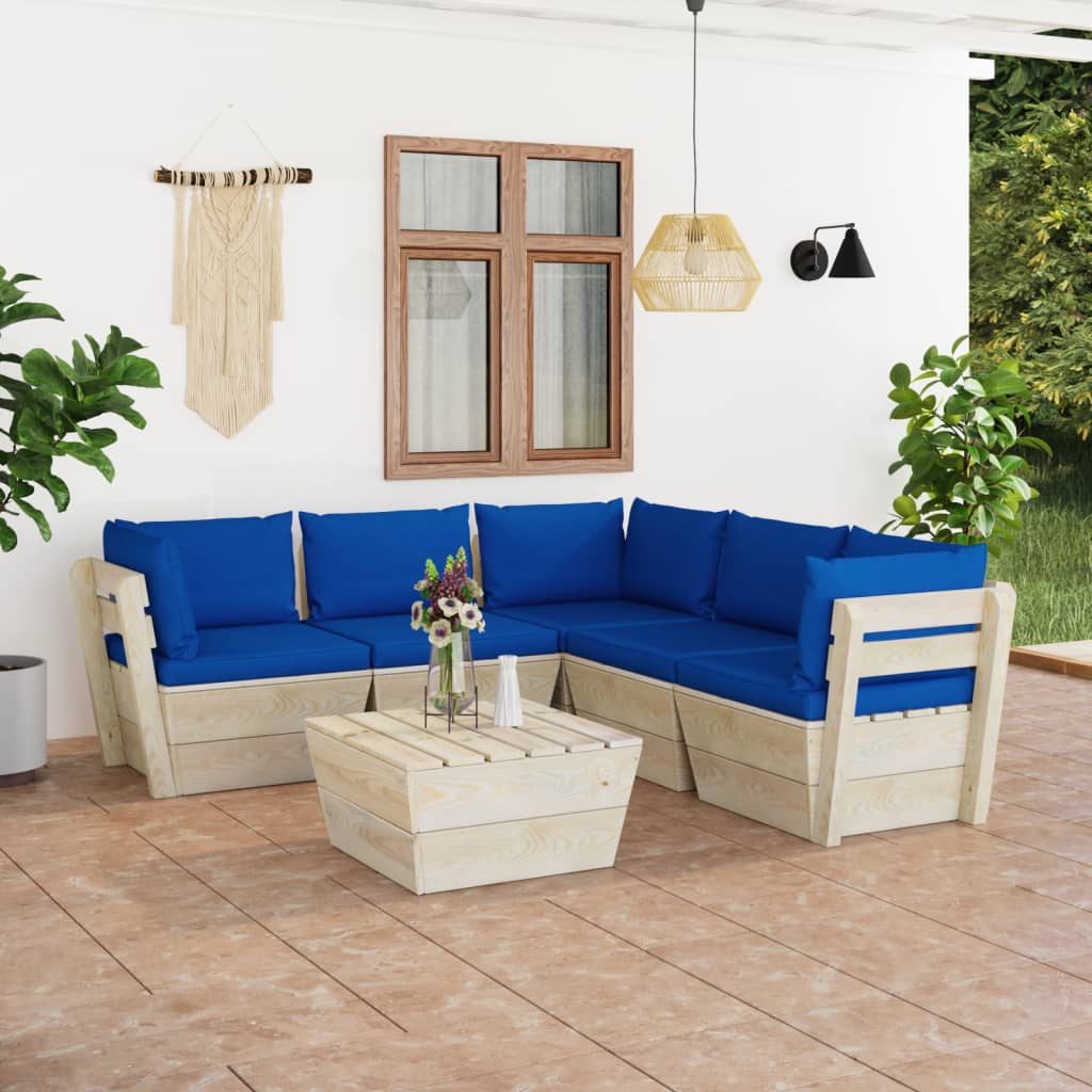 6-Delige Loungeset Met Kussens Pallet Vurenhout 1 Blauw 3x hoek + 2x midden + Tafel