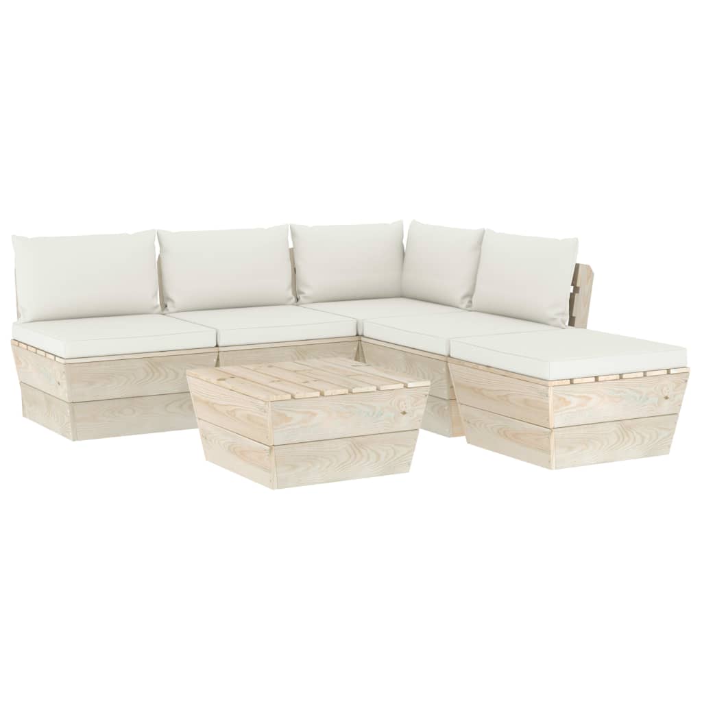 6-Delige Loungeset Met Kussens Pallet Vurenhout 1 Crème hoek + 3x midden + Tafel + voetensteun