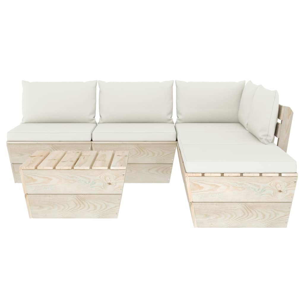 6-Delige Loungeset Met Kussens Pallet Vurenhout 1 Crème hoek + 3x midden + Tafel + voetensteun