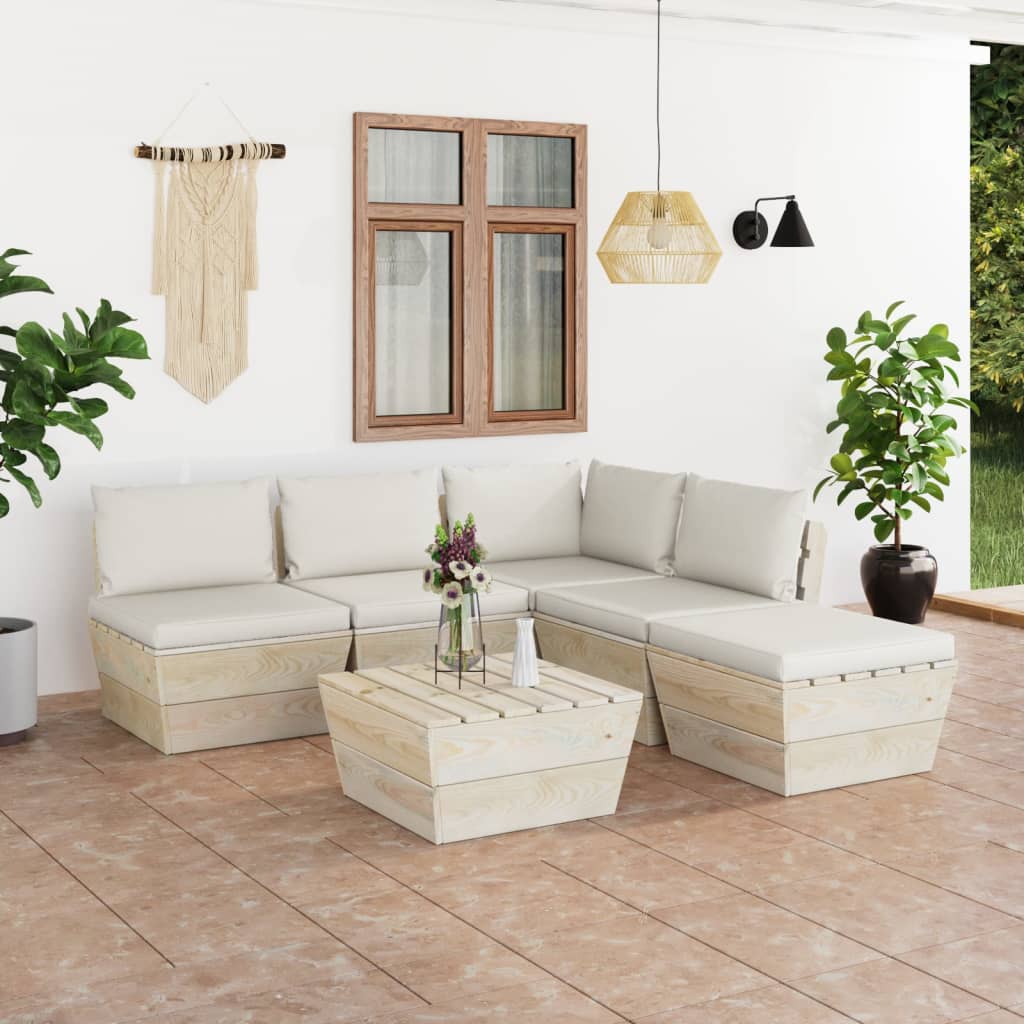6-Delige Loungeset Met Kussens Pallet Vurenhout 1 Crème hoek + 3x midden + Tafel + voetensteun