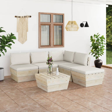 6-Delige Loungeset Met Kussens Pallet Vurenhout 1 Crème hoek + 3x midden + Tafel + voetensteun