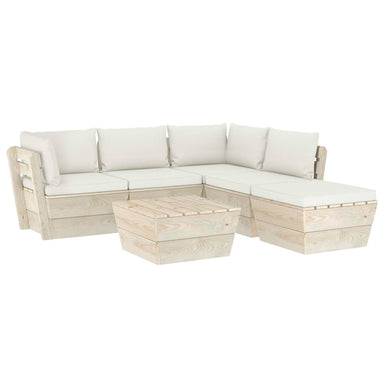 6-Delige Loungeset Met Kussens Pallet Vurenhout 1 Crème 2x hoek + 2x midden + voetensteun + Tafel