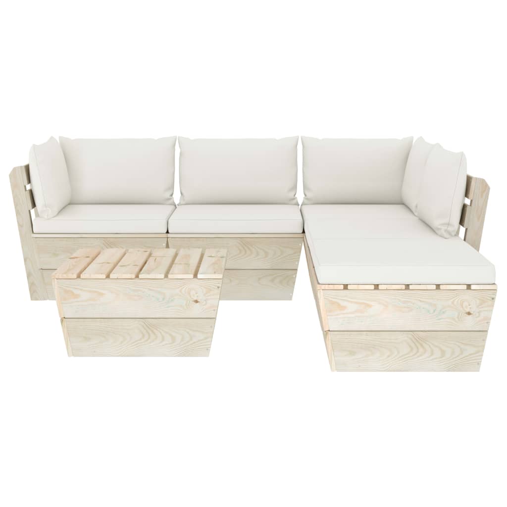 6-Delige Loungeset Met Kussens Pallet Vurenhout 1 Crème 2x hoek + 2x midden + voetensteun + Tafel