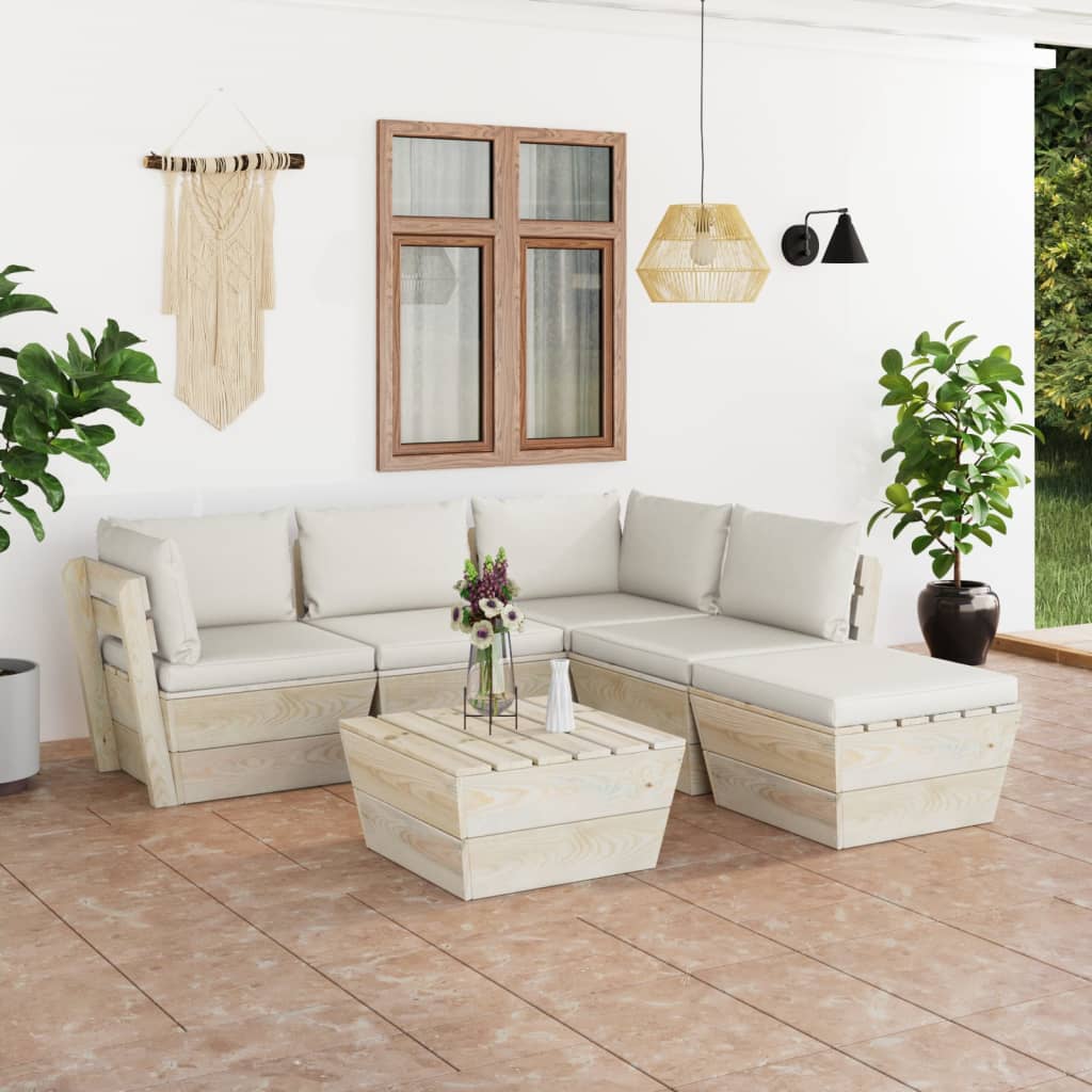 6-Delige Loungeset Met Kussens Pallet Vurenhout 1 Crème 2x hoek + 2x midden + voetensteun + Tafel