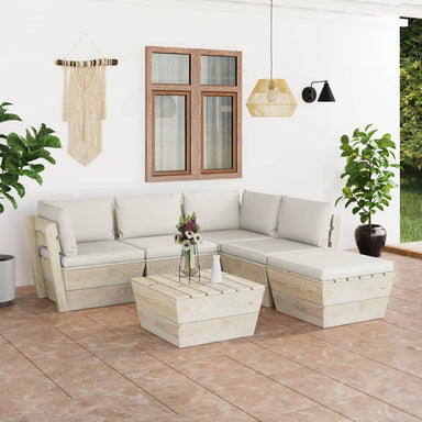 6-Delige Loungeset Met Kussens Pallet Vurenhout 1 Crème 2x hoek + 2x midden + voetensteun + Tafel