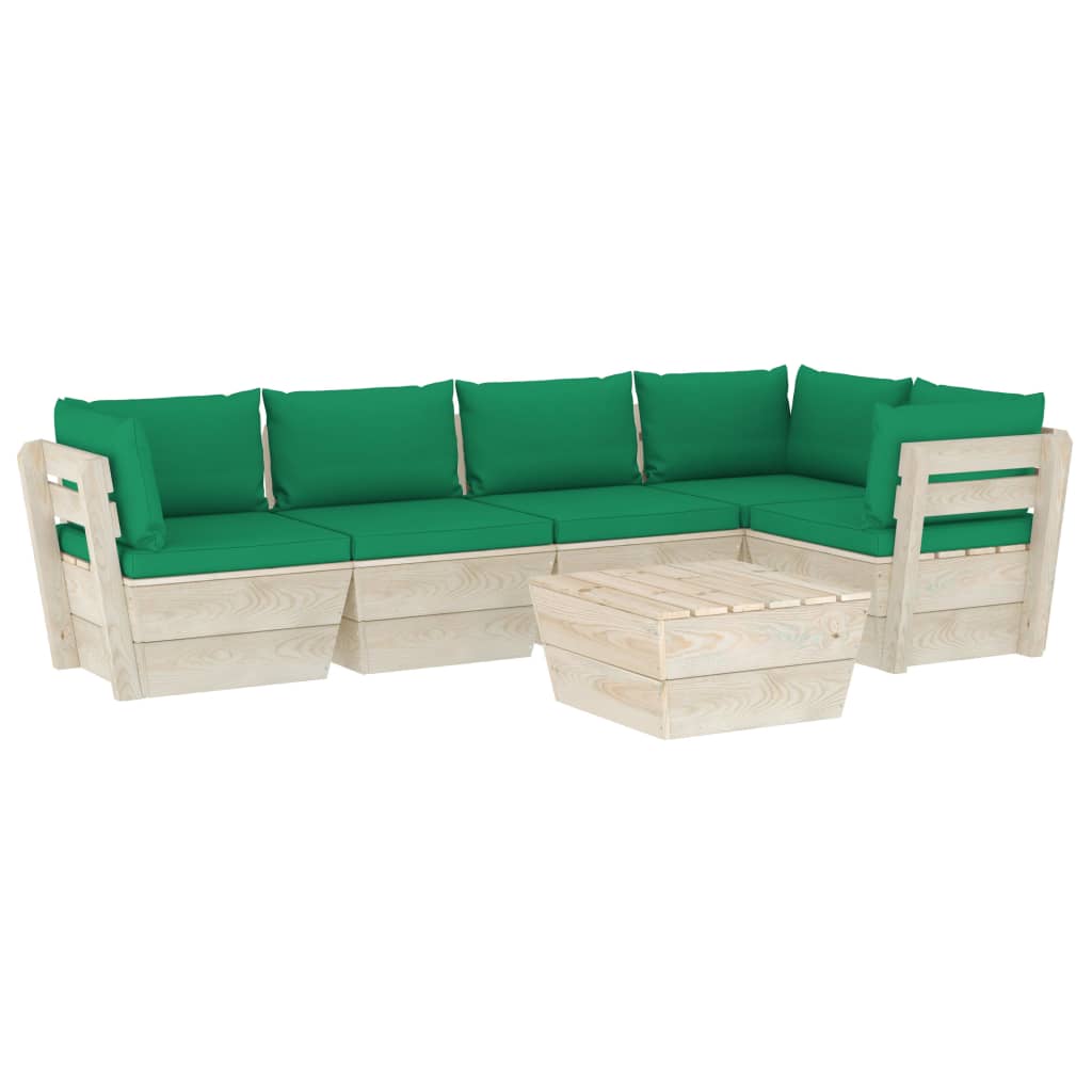 6-Delige Loungeset Met Kussens Pallet Vurenhout 1 Groen 2x midden + 3x hoek + Tafel