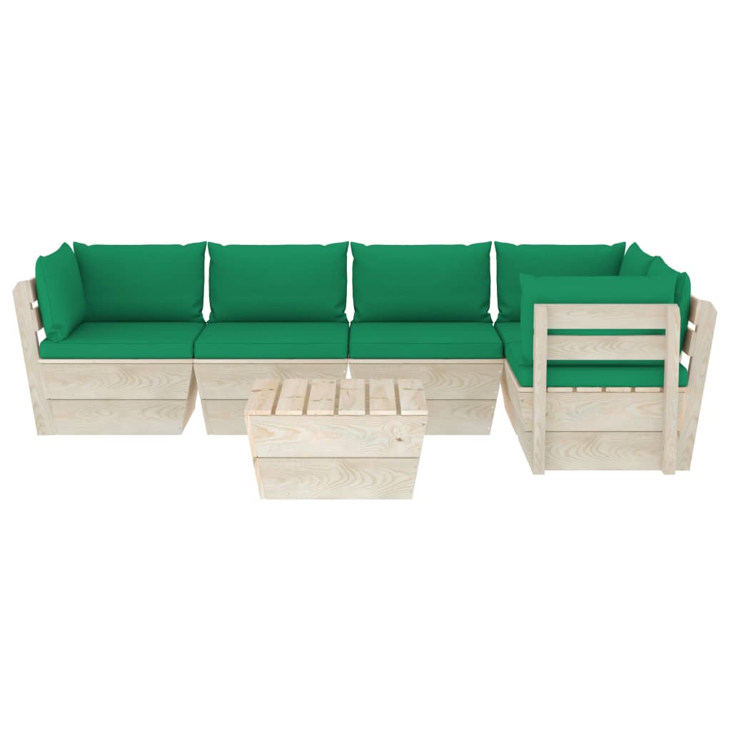 6-Delige Loungeset Met Kussens Pallet Vurenhout 1 Groen 2x midden + 3x hoek + Tafel