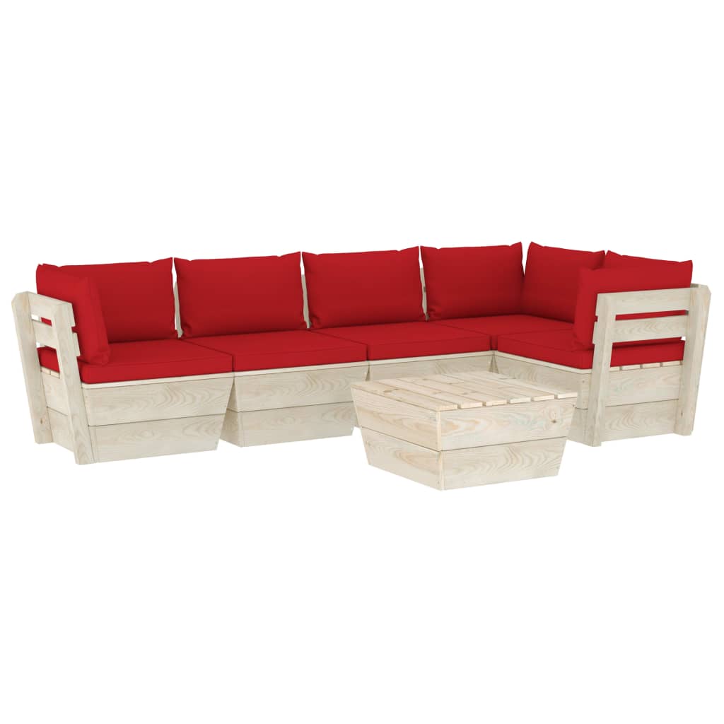 6-Delige Loungeset Met Kussens Pallet Vurenhout 1 Rood 2x midden + 3x hoek + Tafel