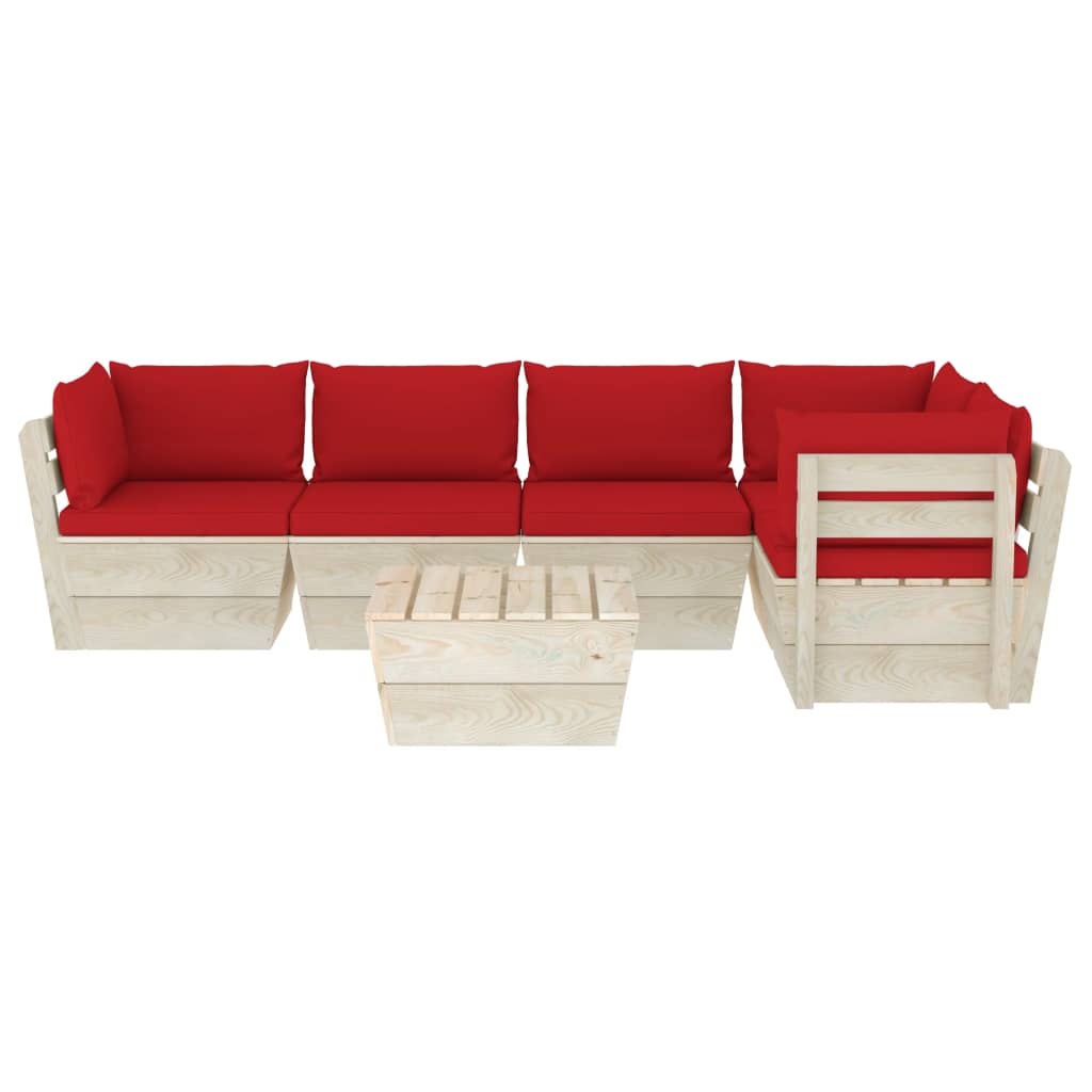 6-Delige Loungeset Met Kussens Pallet Vurenhout 1 Rood 2x midden + 3x hoek + Tafel