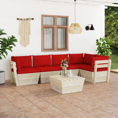 6-Delige Loungeset Met Kussens Pallet Vurenhout 1 Rood 2x midden + 3x hoek + Tafel