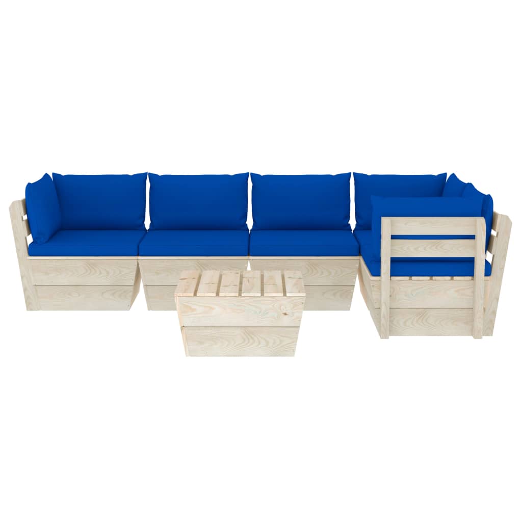 6-Delige Loungeset Met Kussens Pallet Vurenhout 1 Blauw 2x midden + 3x hoek + Tafel