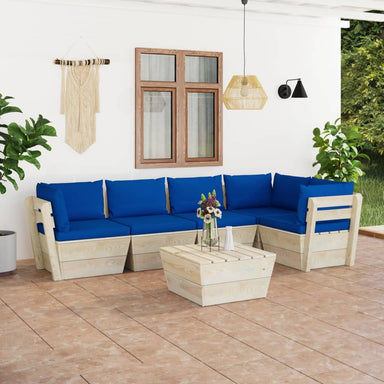 6-Delige Loungeset Met Kussens Pallet Vurenhout 1 Blauw 2x midden + 3x hoek + Tafel