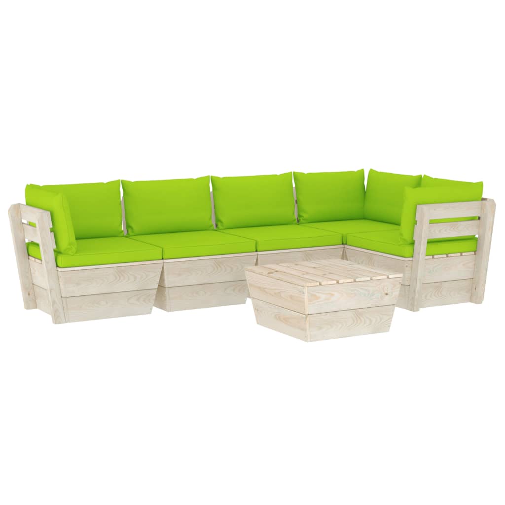 6-Delige Loungeset Met Kussens Pallet Vurenhout 1 Heldergroen 2x midden + 3x hoek + Tafel