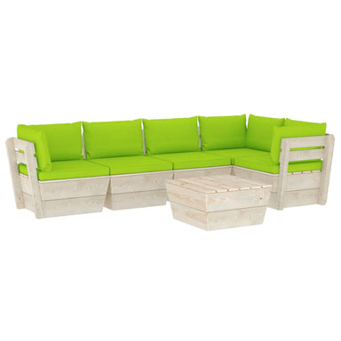 6-Delige Loungeset Met Kussens Pallet Vurenhout 1 Heldergroen 2x midden + 3x hoek + Tafel