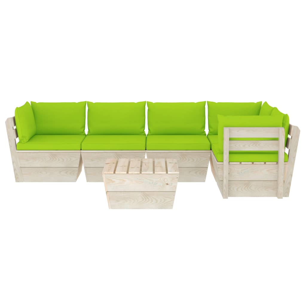 6-Delige Loungeset Met Kussens Pallet Vurenhout 1 Heldergroen 2x midden + 3x hoek + Tafel