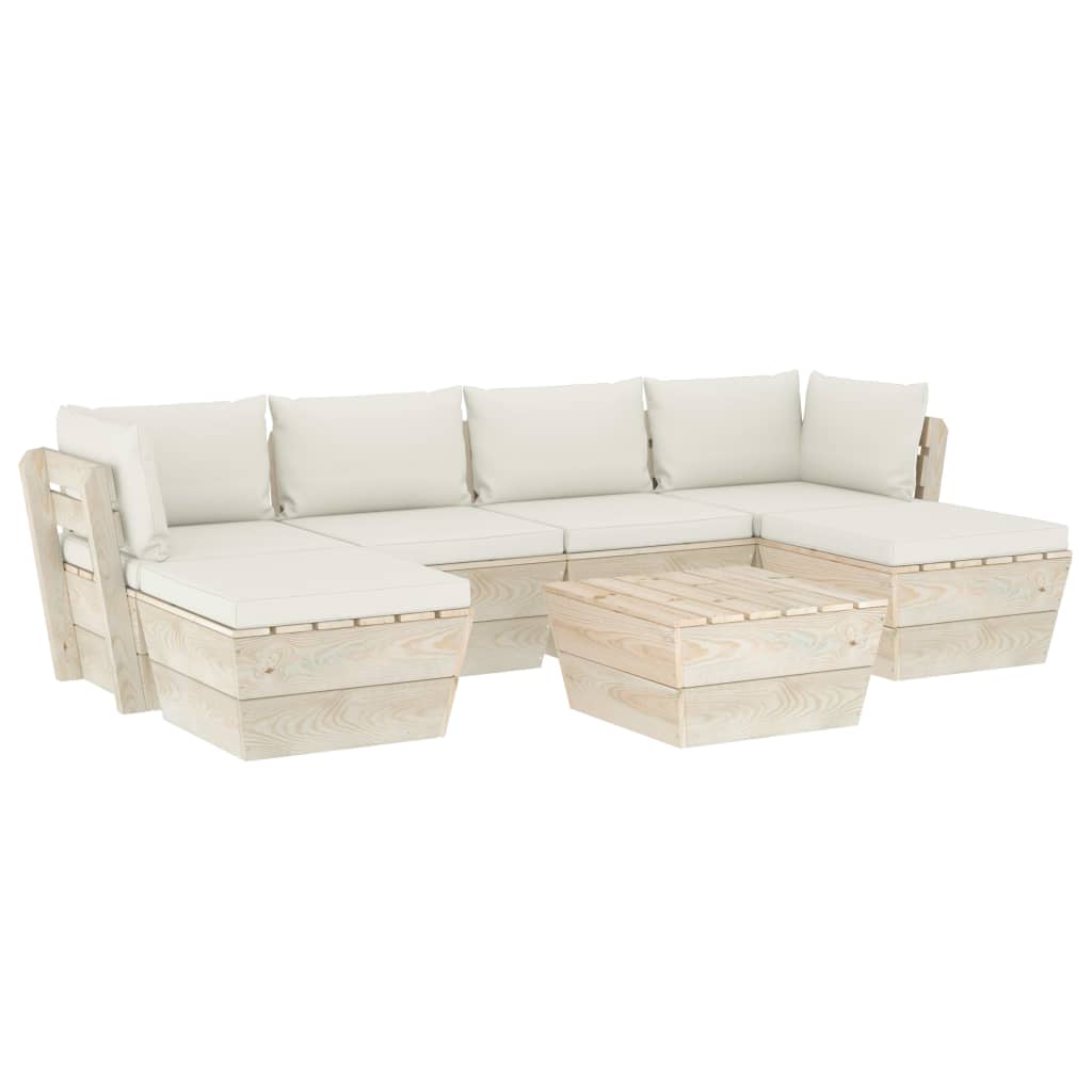 7-Delige Loungeset Met Kussens Pallet Vurenhout 1 Crème 2x hoek + 2x midden + Tafel + 2x voetensteun