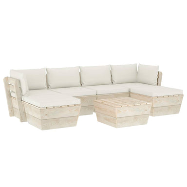 7-Delige Loungeset Met Kussens Pallet Vurenhout 1 Crème 2x hoek + 2x midden + Tafel + 2x voetensteun