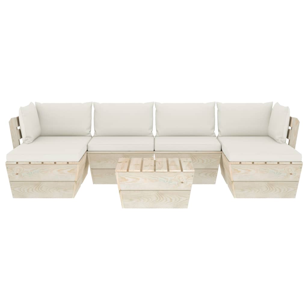 7-Delige Loungeset Met Kussens Pallet Vurenhout 1 Crème 2x hoek + 2x midden + Tafel + 2x voetensteun