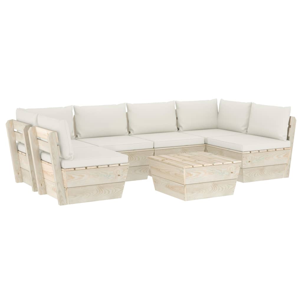 7-Delige Loungeset Met Kussens Pallet Vurenhout 1 Crème 2x hoek + 4x midden + Tafel