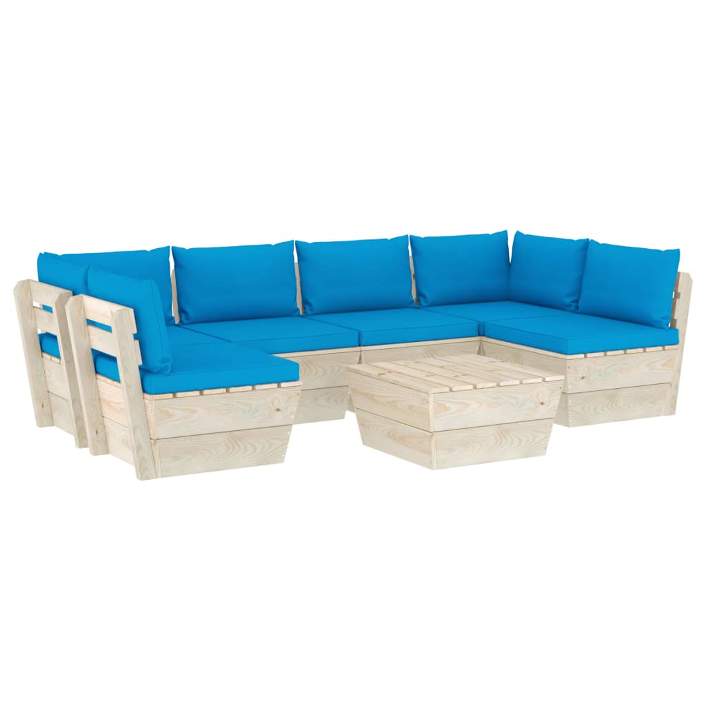 7-Delige Loungeset Met Kussens Pallet Vurenhout 1 lichtblauw 2x hoek + 4x midden + Tafel