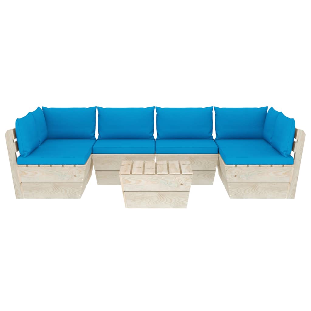 7-Delige Loungeset Met Kussens Pallet Vurenhout 1 lichtblauw 2x hoek + 4x midden + Tafel
