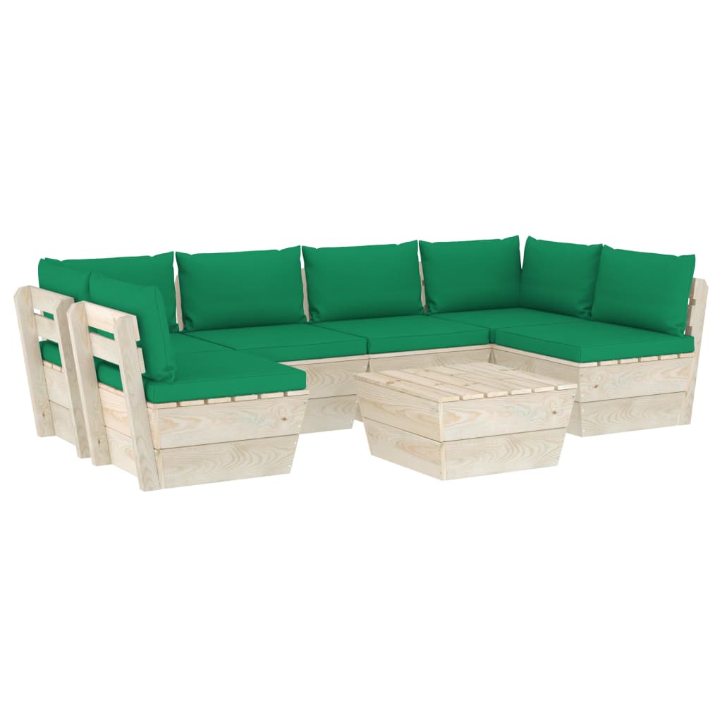 7-Delige Loungeset Met Kussens Pallet Vurenhout 1 Groen 2x hoek + 4x midden + Tafel