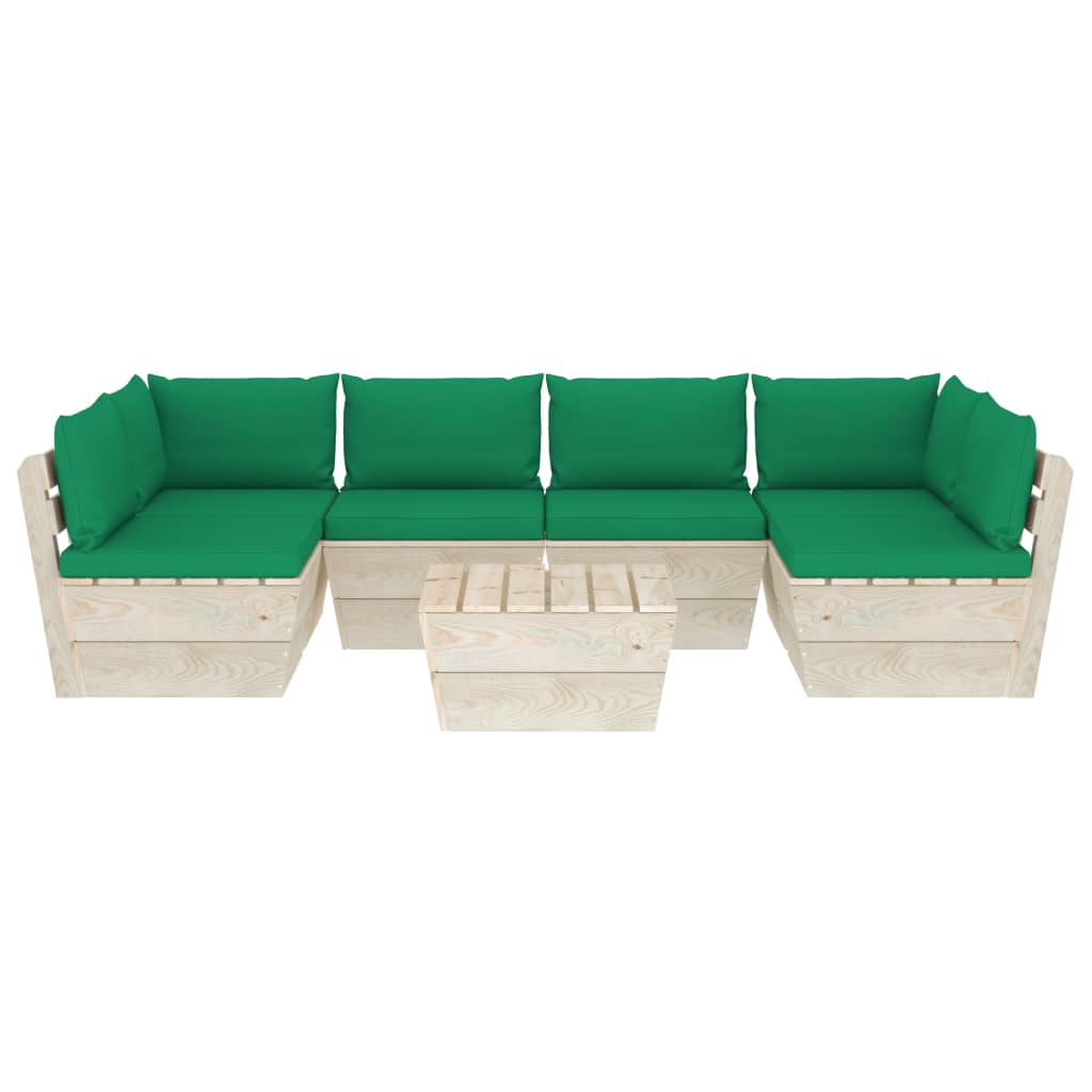 7-Delige Loungeset Met Kussens Pallet Vurenhout 1 Groen 2x hoek + 4x midden + Tafel