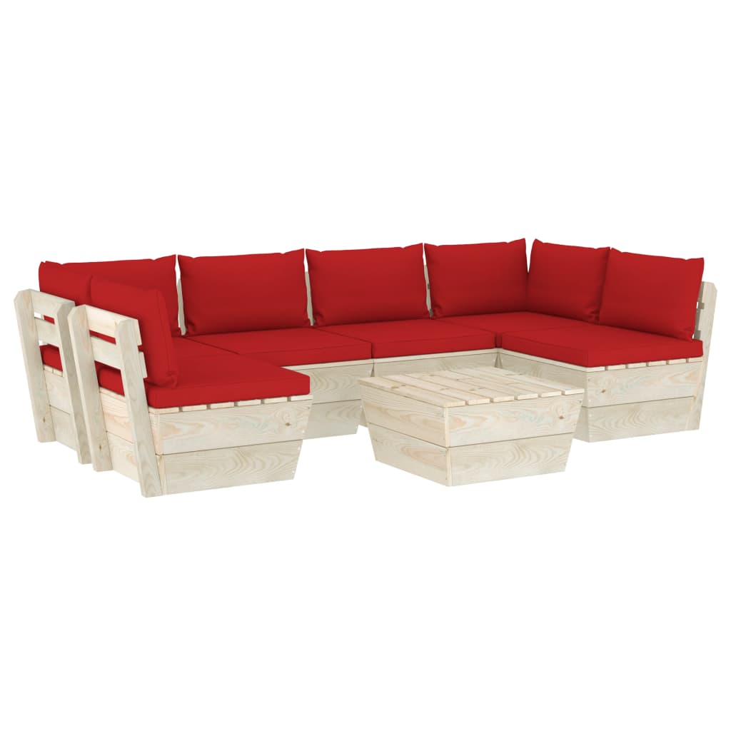 7-Delige Loungeset Met Kussens Pallet Vurenhout 1 Rood 2x hoek + 4x midden + Tafel