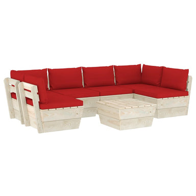 7-Delige Loungeset Met Kussens Pallet Vurenhout 1 Rood 2x hoek + 4x midden + Tafel