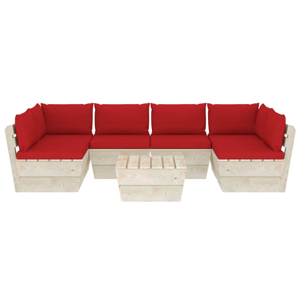 7-Delige Loungeset Met Kussens Pallet Vurenhout 1 Rood 2x hoek + 4x midden + Tafel