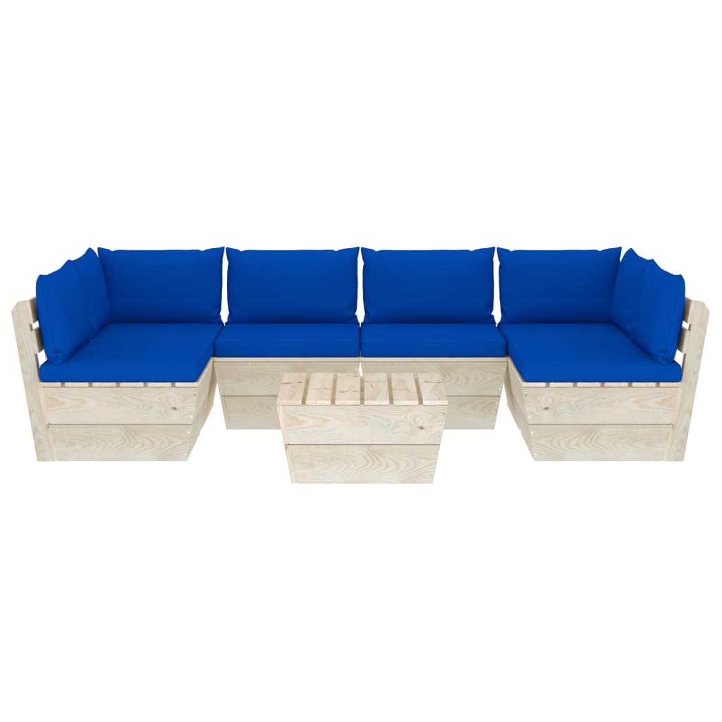 7-Delige Loungeset Met Kussens Pallet Vurenhout 1 Blauw 2x hoek + 4x midden + Tafel