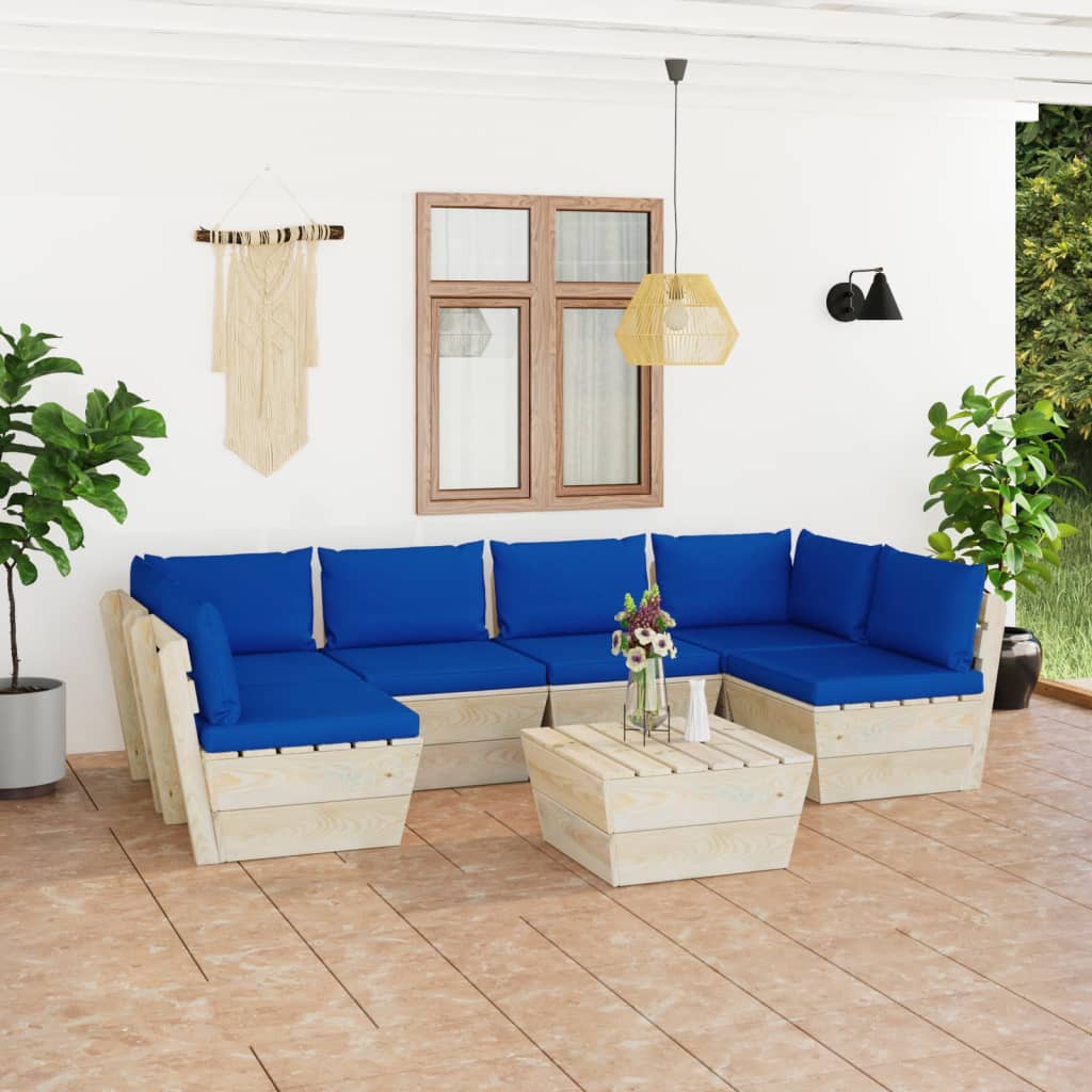 7-Delige Loungeset Met Kussens Pallet Vurenhout 1 Blauw 2x hoek + 4x midden + Tafel