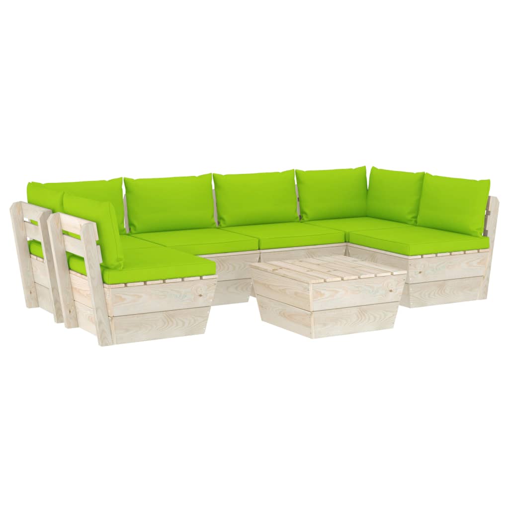 7-Delige Loungeset Met Kussens Pallet Vurenhout 1 Heldergroen 2x hoek + 4x midden + Tafel