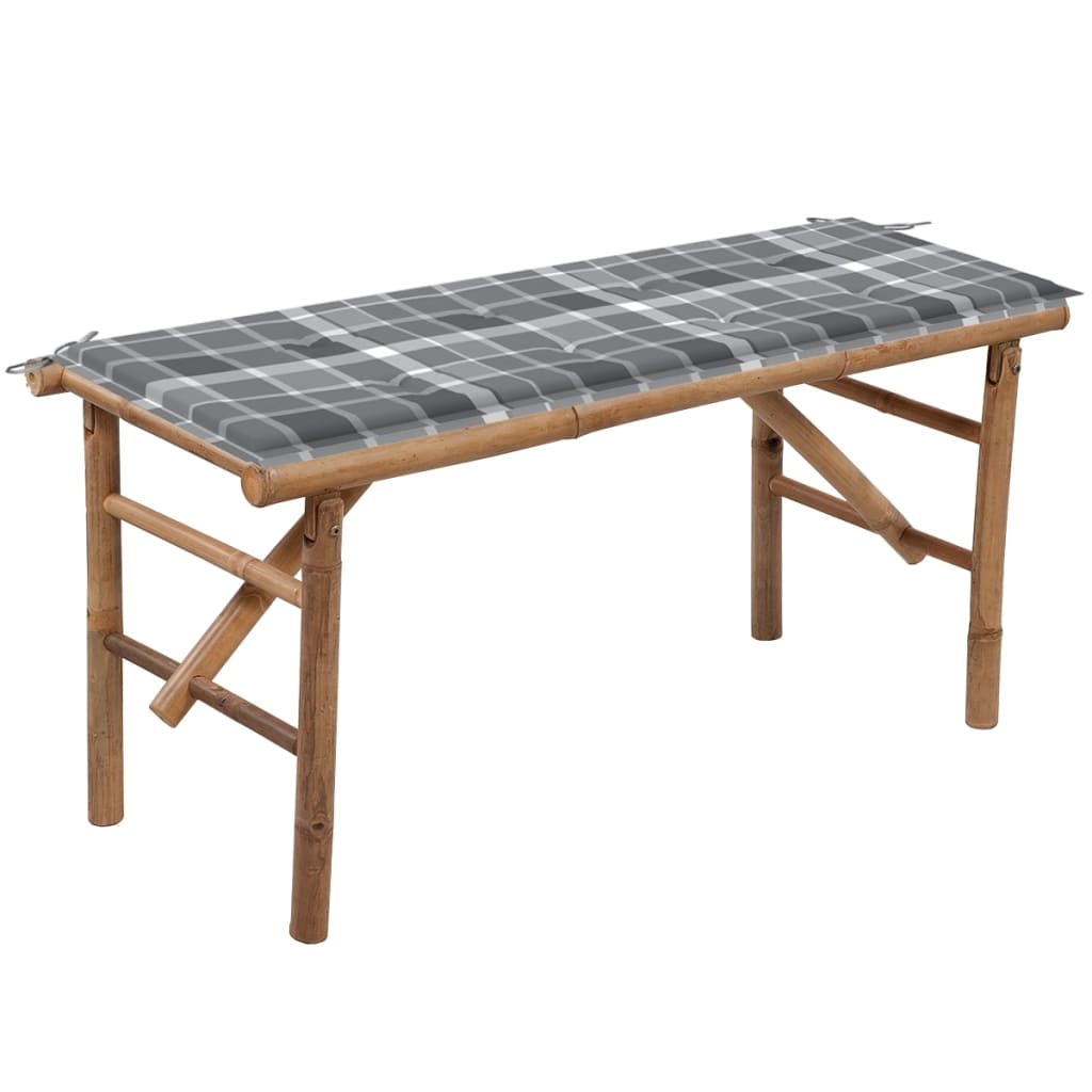 Tuinbank Inklapbaar Met Kussen 118 Cm Bamboe 120 x 50 x 4 cm Grijs ruitpatroon