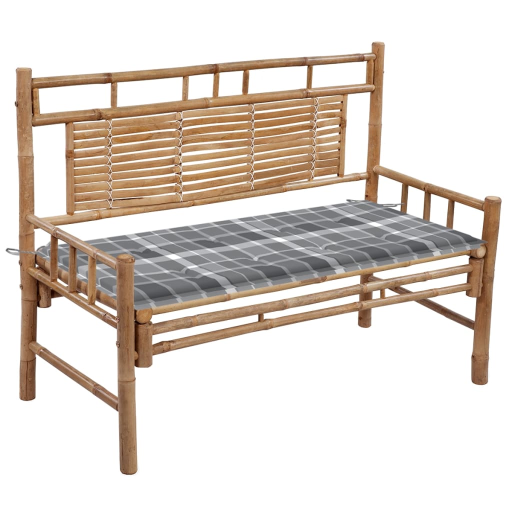 Tuinbank Met Kussen 120 Cm Bamboe 120 x 50 x 4 cm Grijs ruitpatroon