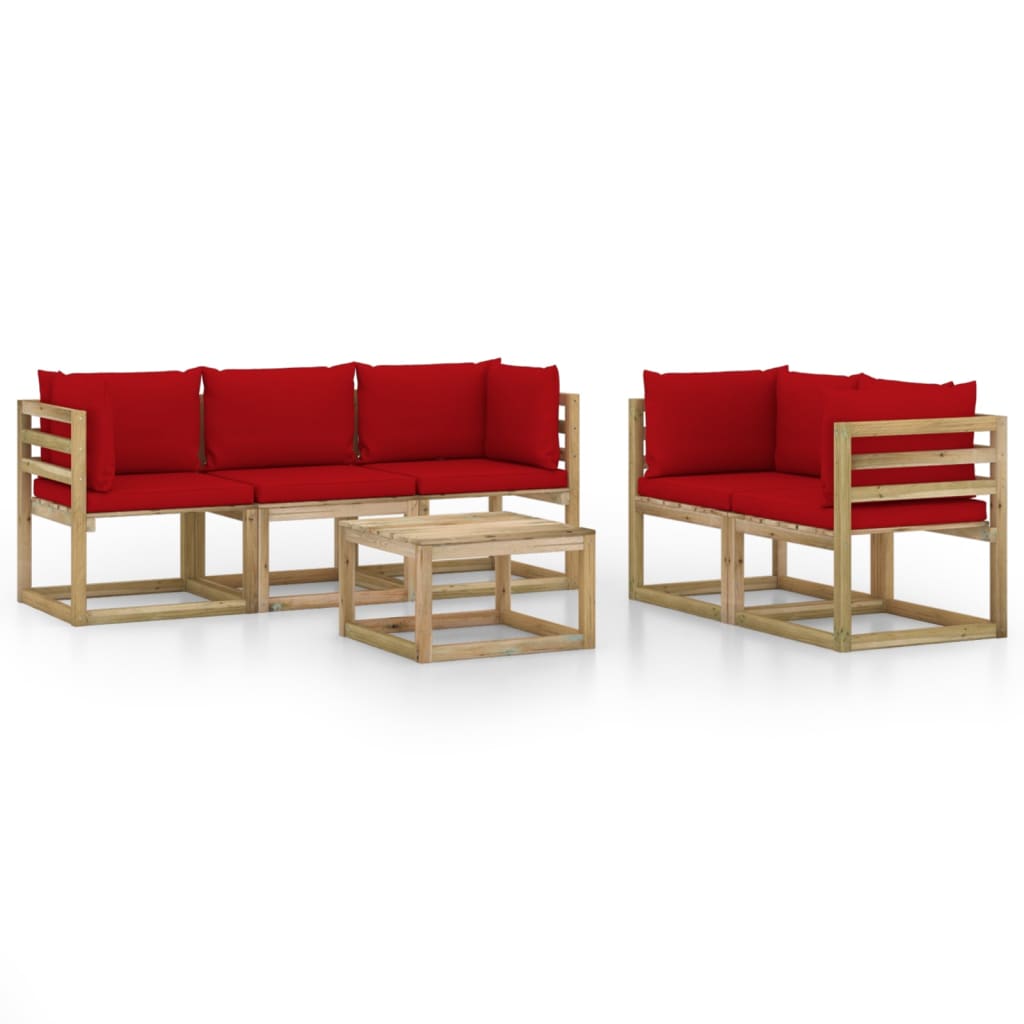 6-Delige Loungeset Met Rode Kussens 1 Rood 4x hoek + midden + Tafel