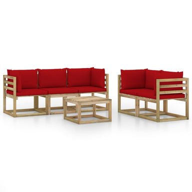 6-Delige Loungeset Met Rode Kussens 1 Rood 4x hoek + midden + Tafel