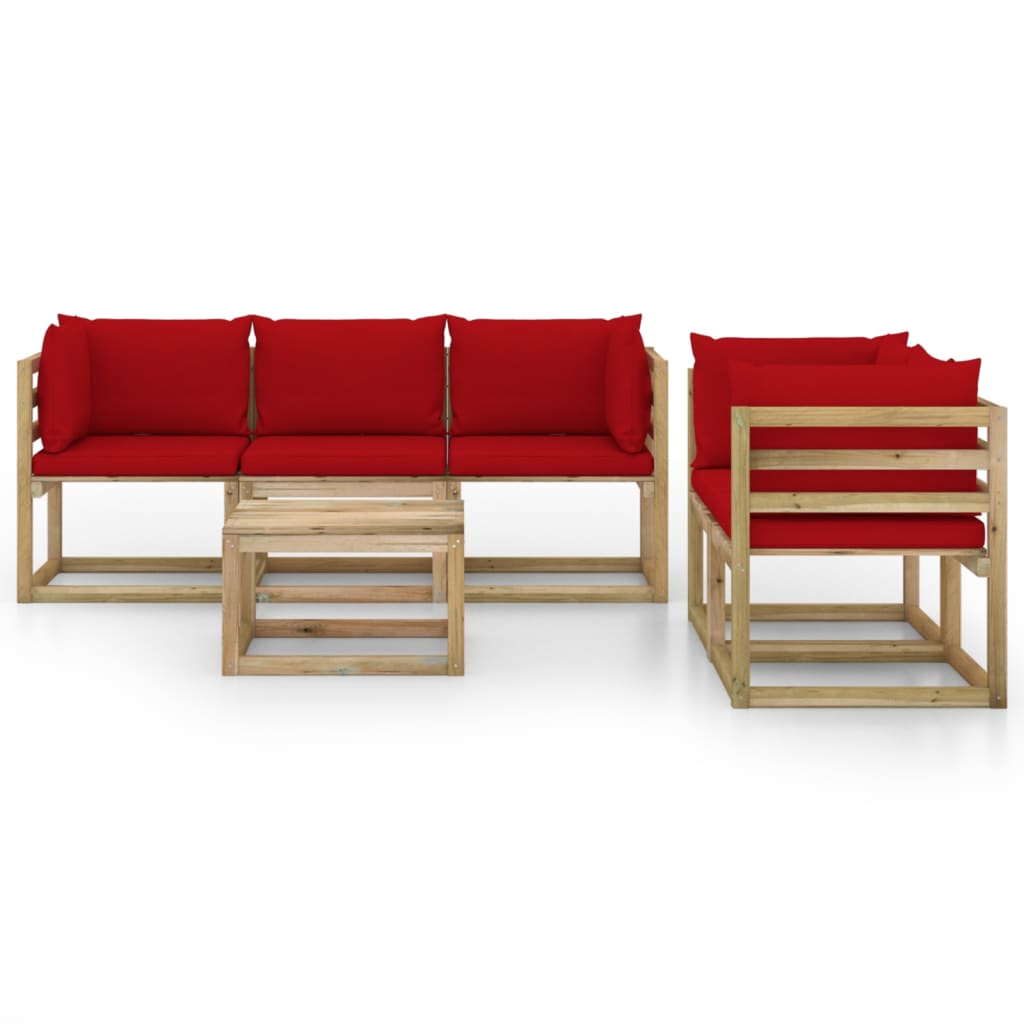 6-Delige Loungeset Met Rode Kussens 1 Rood 4x hoek + midden + Tafel