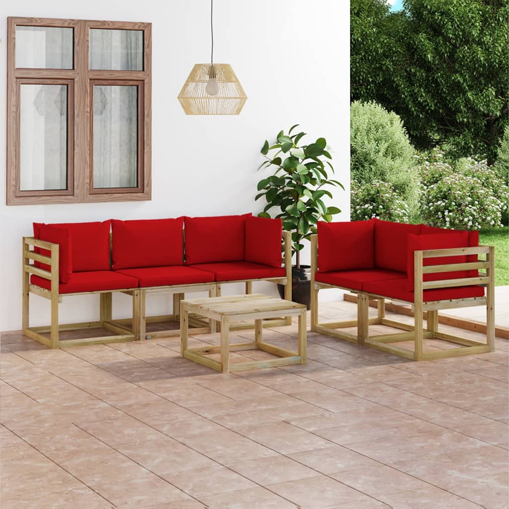 6-Delige Loungeset Met Rode Kussens 1 Rood 4x hoek + midden + Tafel